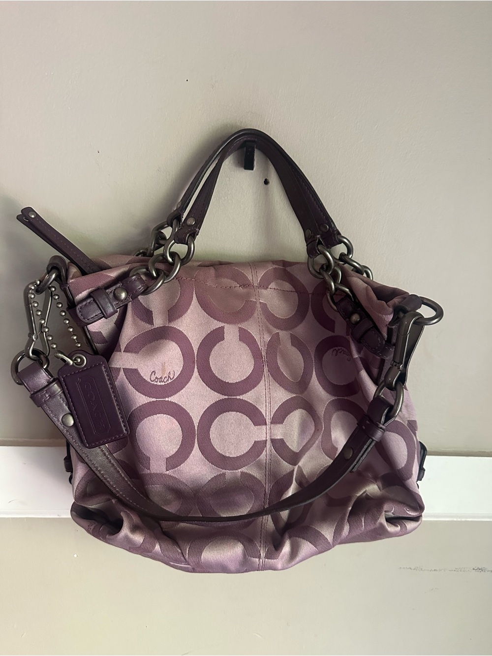 Coach Lilac Signature Canvas Shoulder Bag with Leather Trim